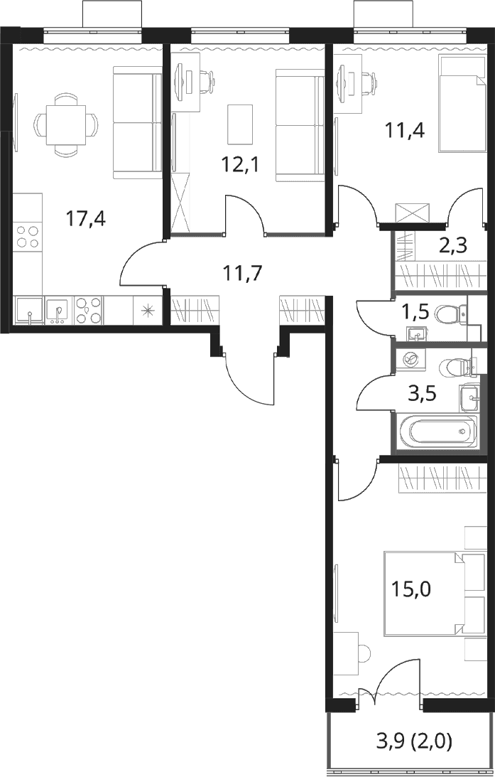 Планировка: 3-комнатная квартира 74,9 м² в ЖК «1-й Шереметьевский»