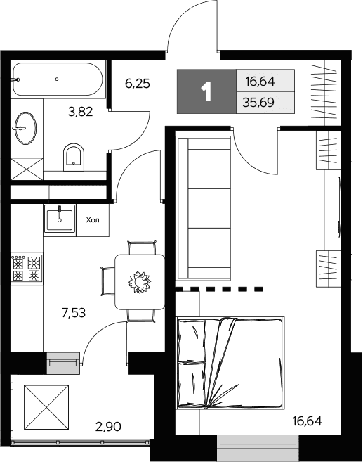 Планировка: 1-комнатная квартира 34,2 м² в ЖК «Ласточкино»