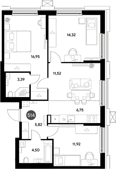 Планировка: Квартира евро-4 75,2 м² в ЖК «ЭВО»