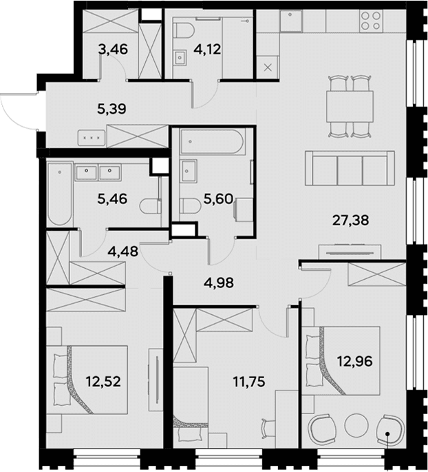 Планировка: Квартира евро-4 98,1 м² в ЖК «УЛЬТИМА Сити»