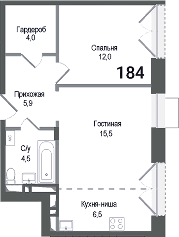 Планировка: Евродвушка 48,4 м² в ЖК «Киноквартал»
