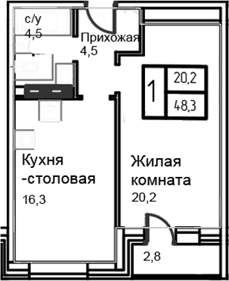 Планировка: Евродвушка 45,5 м² в ЖК «Троицкий»