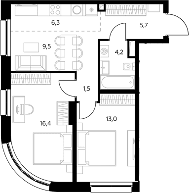 Планировка: Евротрёшка 57 м² в ЖК «Адмирал»