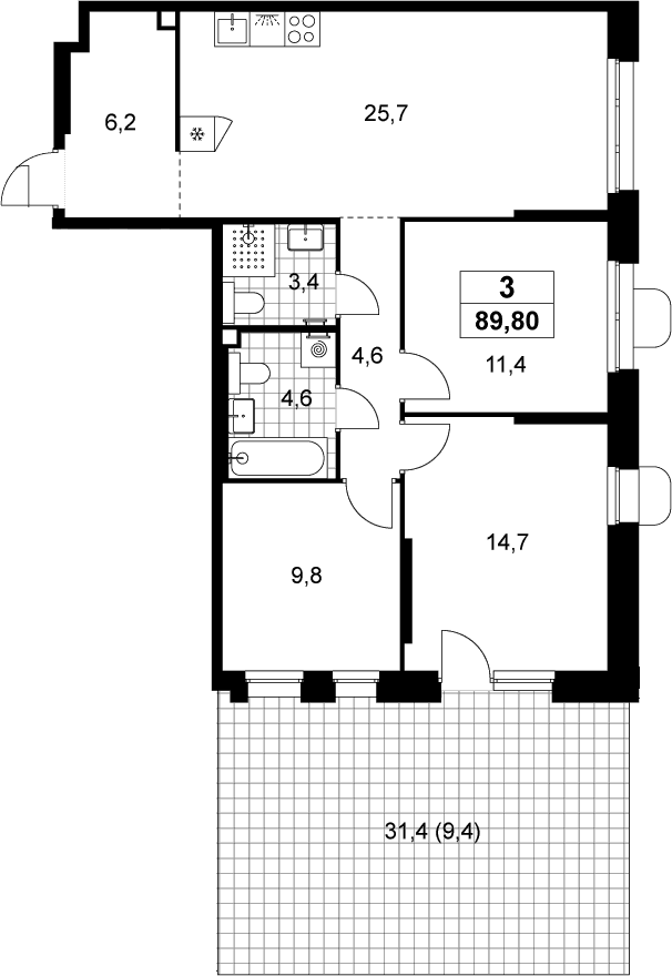 Планировка: Квартира евро-4 80,4 м² в ЖК «Прокшино»