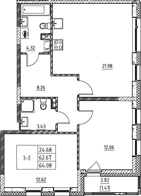 Планировка: Евротрёшка 62,7 м² в ЖК «Город-спутник Южный»