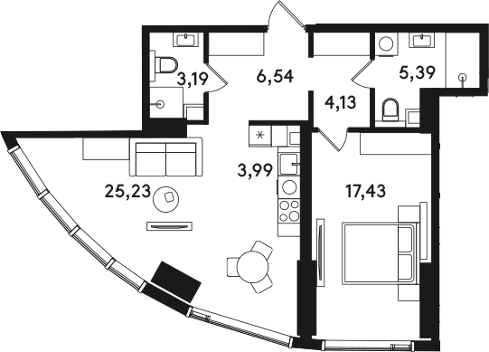 Планировка: Евродвушка 65,9 м² в ЖК «СОЛОС»