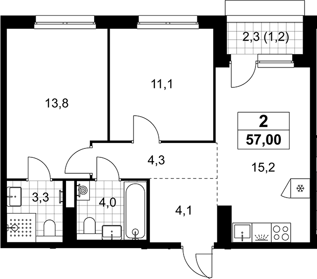 Планировка: Евротрёшка 55,8 м² в ЖК «Деснаречье»