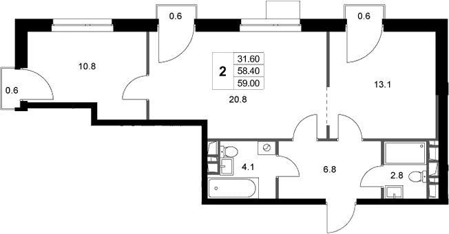 Планировка: 2-комнатная квартира 58,4 м² в ЖК «Легенда Марусино»