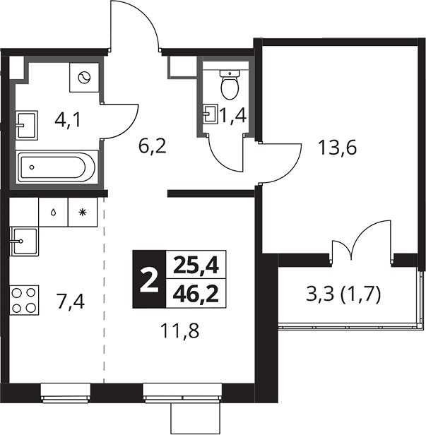 Планировка: Евродвушка 45,7 м² в ЖК «1-й Южный»