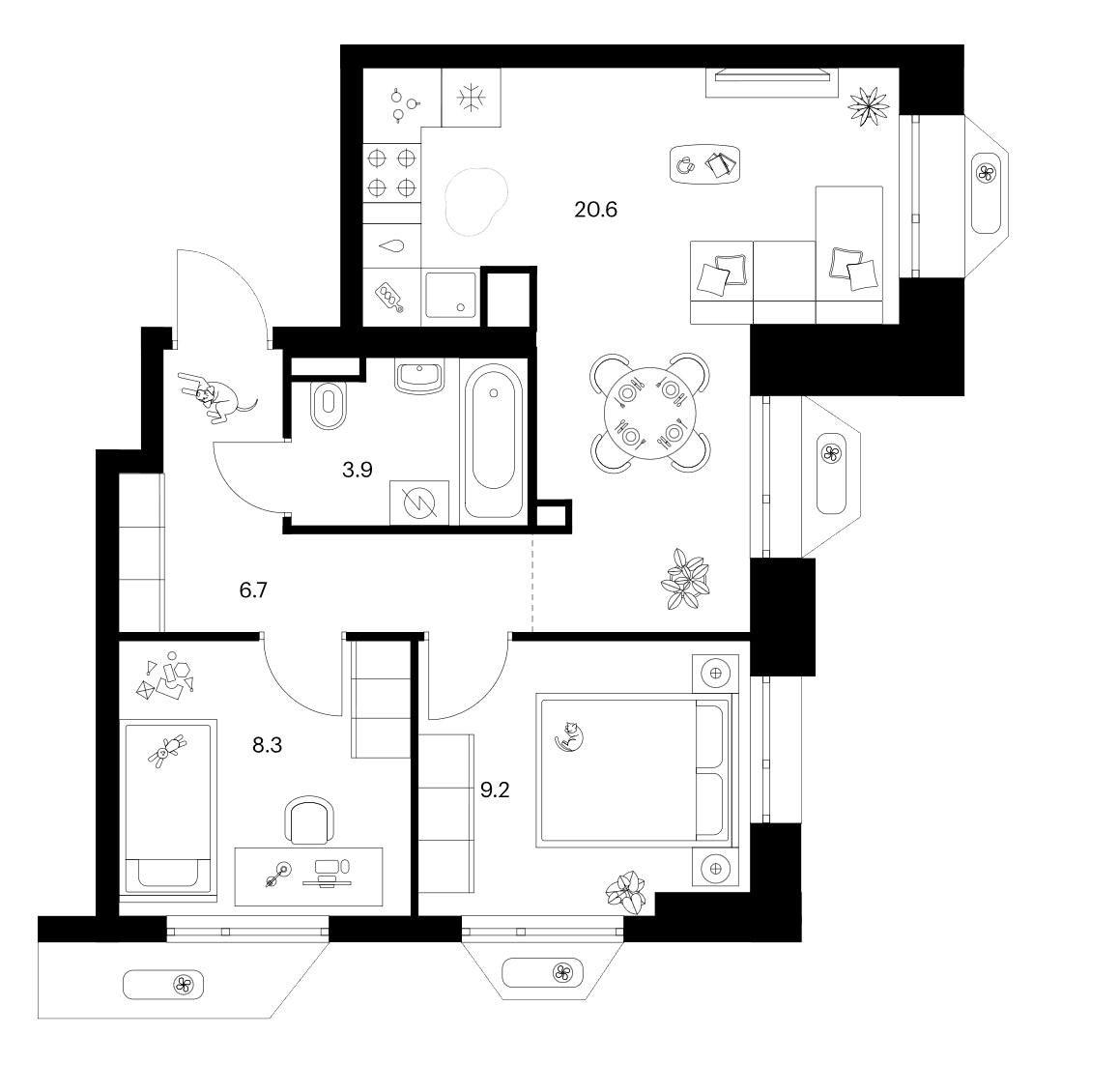Планировка: 2-комнатная квартира 48,7 м² в ЖК «Зеленый парк»
