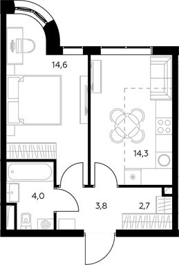 Планировка: 1-комнатная квартира 40,5 м² в ЖК «Адмирал»