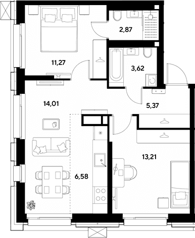 Планировка: Евротрёшка 56,9 м² в ЖК «ЭВО»