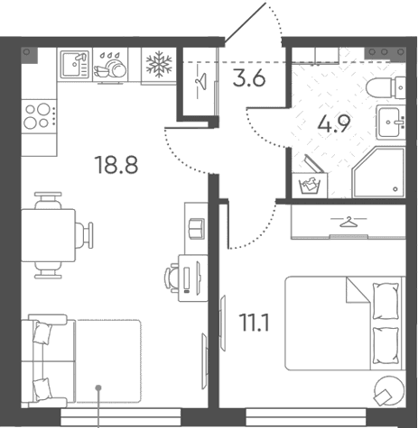 Планировка: Евродвушка 38,4 м² в ЖК «Пулково Лейк»