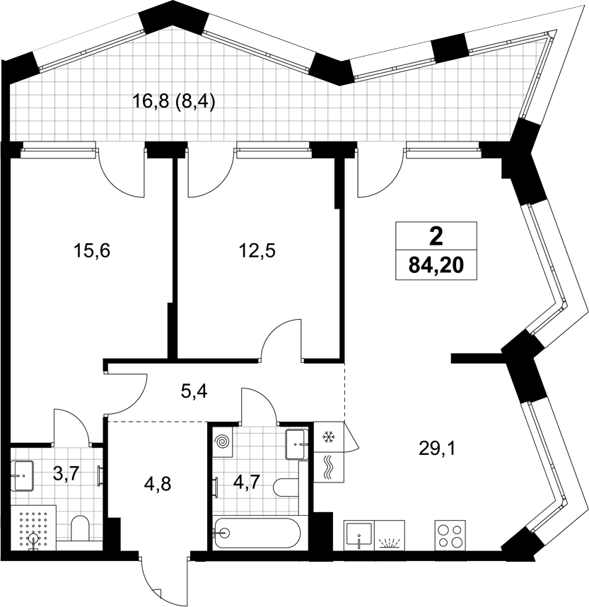 Планировка: Евротрёшка 75,8 м² в ЖК «Хольм»