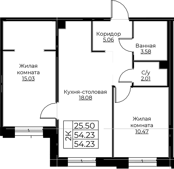 Планировка: Евротрёшка 54,2 м² в ЖК «Тишин»