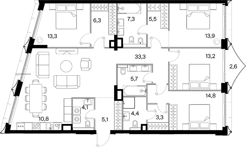 Планировка: Квартира евро-5 141 м² в ЖК «26 ПАРКВЬЮ»