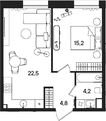 Планировка: Евродвушка 46,7 м² в ЖК «СТОУН Райз»