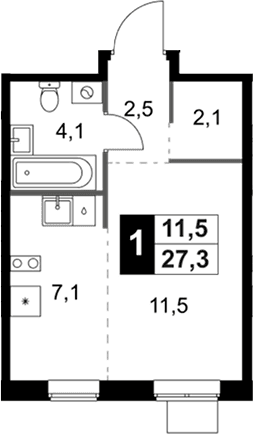 Планировка: Студия 27,3 м² в ЖК «1-й Ясеневский»