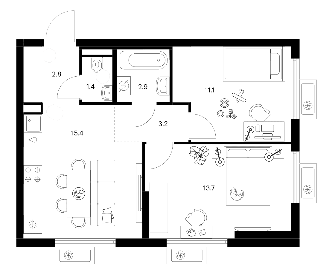 Планировка: 2-комнатная квартира 50,5 м² в ЖК «Белая Дача парк»