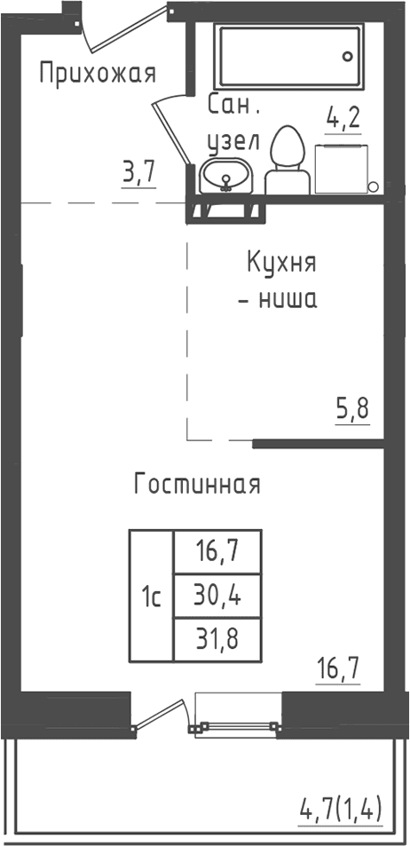 Планировка: Студия 30,4 м² в ЖК «Зеленый город»