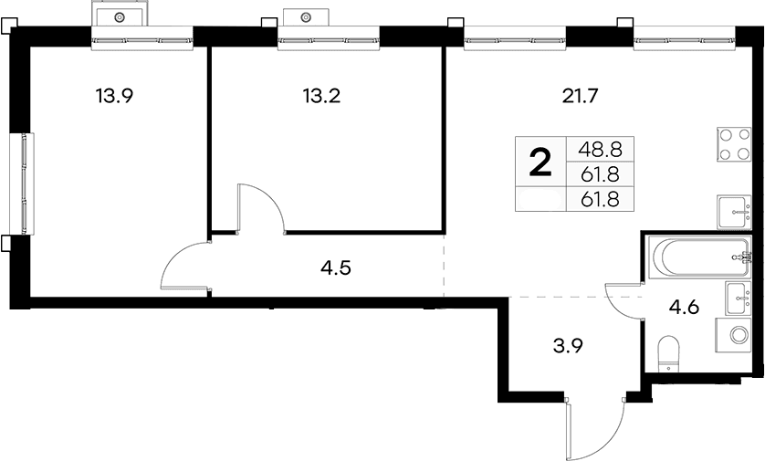 Планировка: Евротрёшка 61,8 м² в ЖК «Куркино 15»
