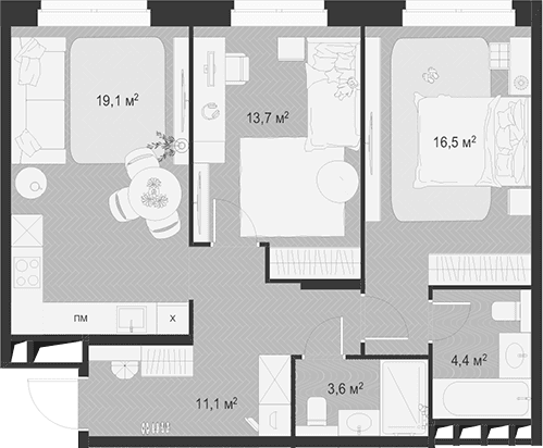 Планировка: Евротрёшка 68,4 м² в ЖК «Гранд Комфорт 3»