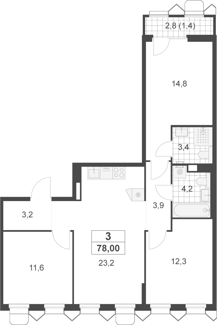 Планировка: Квартира евро-4 76,6 м² в ЖК «Деснаречье»
