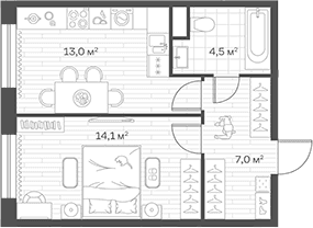 Планировка: 1-комнатная квартира 38,6 м² в ЖК «Аристов Берег»