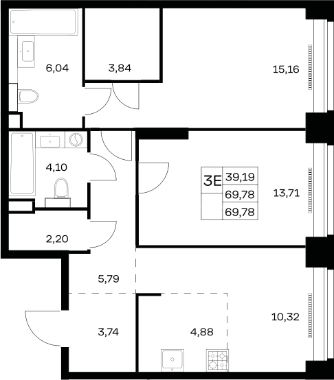 Планировка: Евротрёшка 69,8 м² в ЖК «НОВА»