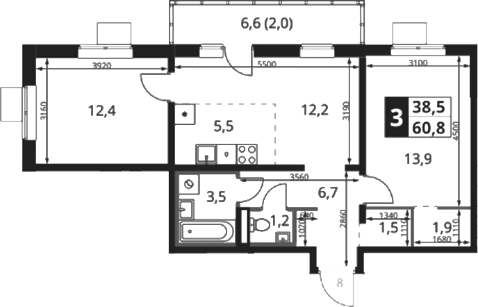 Планировка: Евротрёшка 58,8 м² в ЖК «1-й Ясеневский»