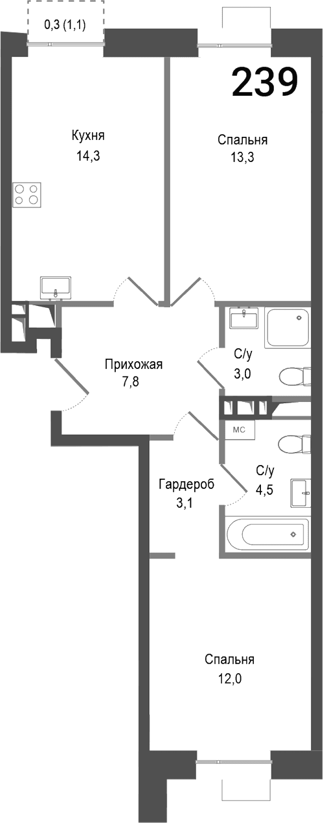 Планировка: 2-комнатная квартира 58 м² в ЖК «Киноквартал»