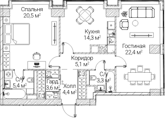 Планировка: 2-комнатная квартира 79 м² в ЖК «СЕЗАР БУДУЩЕЕ»