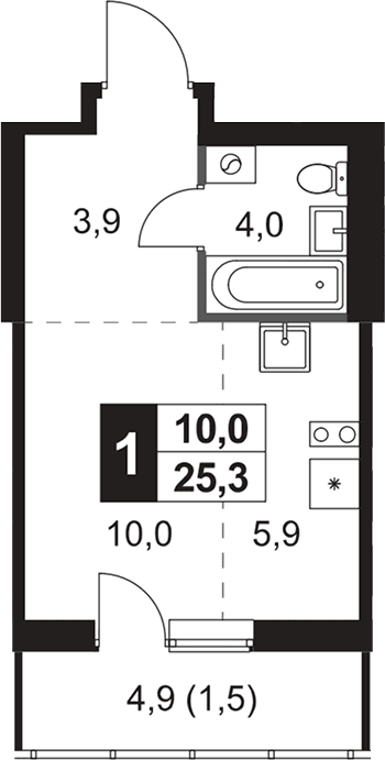 Планировка: Студия 23,8 м² в ЖК «1-й Ясеневский»