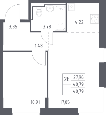 Планировка: Евродвушка 40,8 м² в ЖК «Богдановский лес»