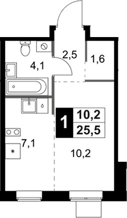 Планировка: Студия 25,5 м² в ЖК «1-й Ясеневский»