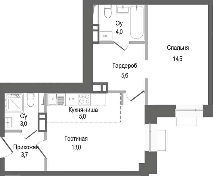 Планировка: Евродвушка 48,8 м² в ЖК «Киноквартал»