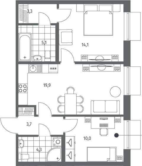 Планировка: Евротрёшка 60,4 м² в ЖК «Парусная 1»