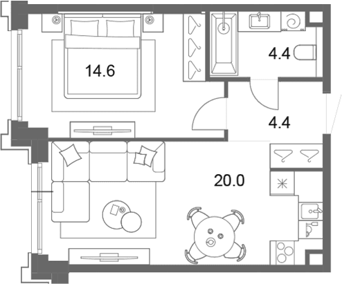 Планировка: Евродвушка 43,4 м² в ЖК «ОМ Ботанический»