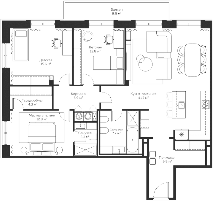Планировка: Квартира евро-4 125,6 м² в ЖК «River Residences»