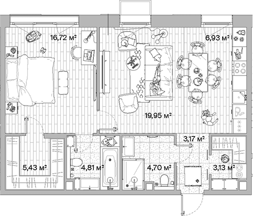 Планировка: Евродвушка 64,8 м² в ЖК «МЫС»