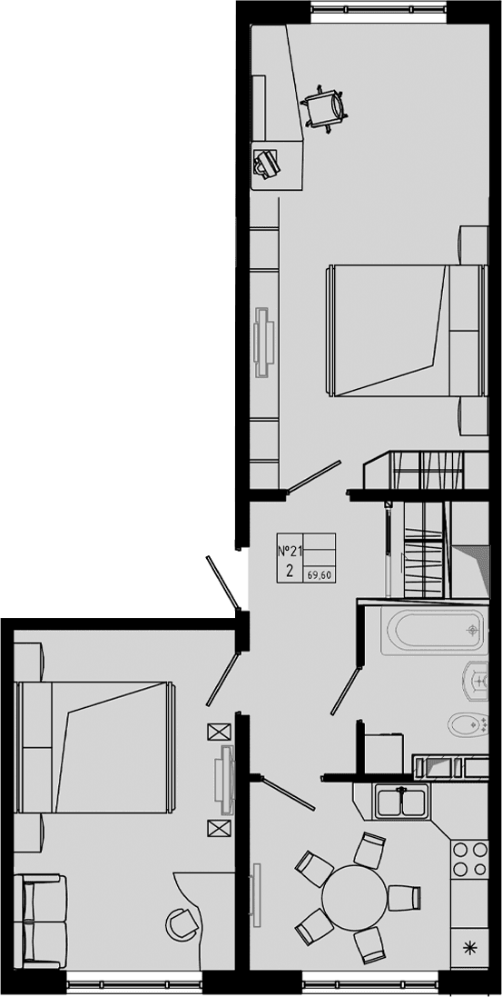 Планировка: 2-комнатная квартира 69,6 м² в ЖК «PIXEL»