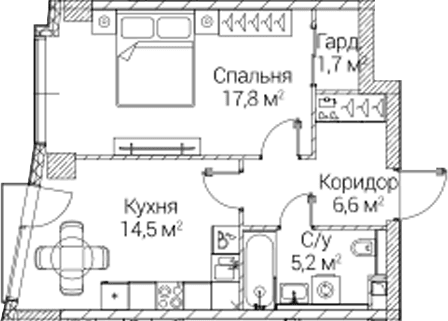 Планировка: 1-комнатная квартира 45,5 м² в ЖК «СЕЗАР БУДУЩЕЕ»