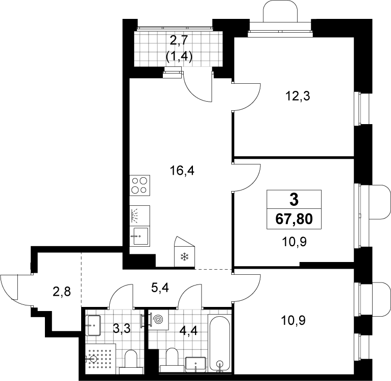 Планировка: Квартира евро-4 66,4 м² в ЖК «Прокшино»