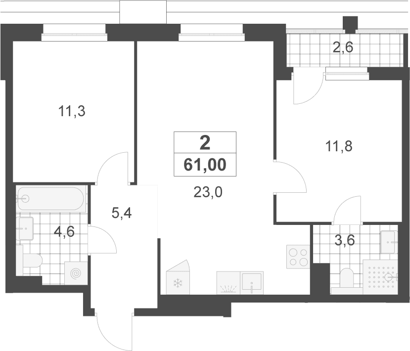 Планировка: Евротрёшка 59,7 м² в ЖК «Деснаречье»