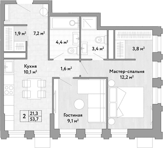 Планировка: 2-комнатная квартира 53,7 м² в ЖК «Новые Смыслы»