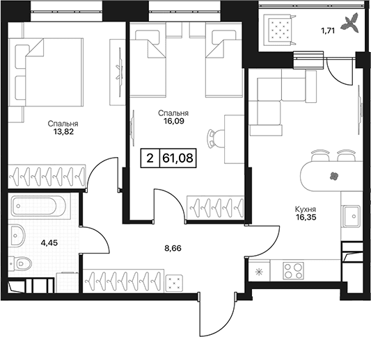 Планировка: 2-комнатная квартира 59,4 м² в ЖК «Пушкино Град»