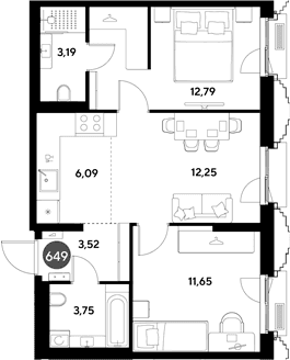 Планировка: Евротрёшка 53,2 м² в ЖК «ЭВО»