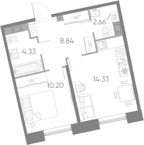 Планировка: Евродвушка 40,4 м² в ЖК «Бульвар Грина»