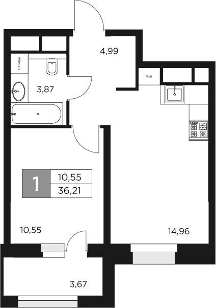 Планировка: 1-комнатная квартира 34,4 м² в ЖК «Восток 2»