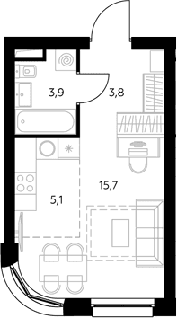 Планировка: Студия 28,7 м² в ЖК «Адмирал»